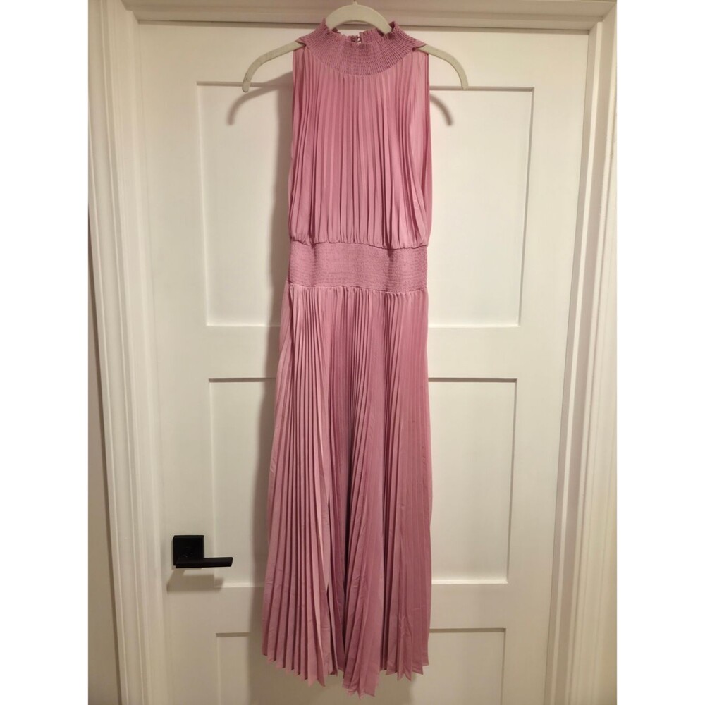 MARINA Halter Pleated Midi Dress Pink Size 6 Wedding Guest Cocktail